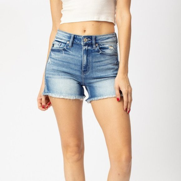 NWT KanCan Kan Can Hazel High Rise Frayed Medium Wash Denim Jean Shorts - Picture 15 of 15